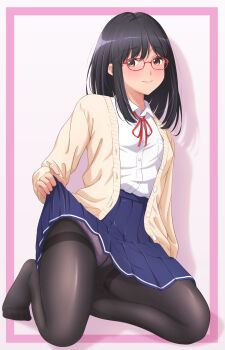 1girl akippoi_0919 black_hair black_pantyhose blush brown_eyes clothes_lift commentary_request glasses highres lifting_own_clothes original panties panties_under_pantyhose pantyhose pleated_skirt school_uniform shirt_lift skirt underwear