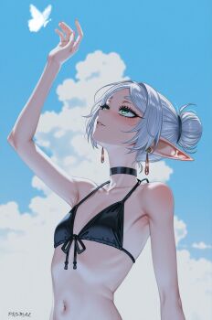 1girl alternate_costume alternate_hairstyle arm_up armpits bikini black_bikini black_choker blush bug butterfly choker cloud collarbone commentary cumulonimbus_cloud day earrings elf english_commentary flat_chest frieren front-tie_bikini_top front-tie_top glowing_butterfly green_eyes grey_hair hair_bun halterneck highres insect jewelry looking_up medium_hair meme nail_polish navel parted_lips pink_nails pointy_ears prixmal signature sky solo sousou_no_frieren string_bikini swimsuit teardrop_earrings upper_body upward_angle_frieren_drawing_(meme)