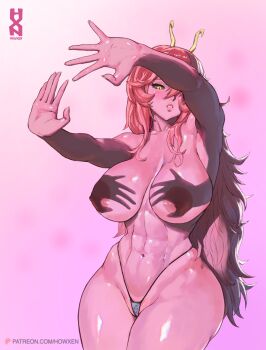 1girl abs antennae artist_logo artist_name ashido_mina black_sclera boku_no_hero_academia breasts colored_sclera colored_skin commentary groin hand_shadow_covering_breasts_(meme) howxen large_breasts logo long_hair meme navel nipples parted_lips patreon_username pink_background pink_hair pink_skin solo standing thick_thighs thighs very_long_hair yellow_eyes
