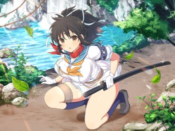 1girl alternate_weapon armband ascot asuka_(senran_kagura) belt black_hair blue_armband blue_socks blush bouncing_breasts breasts brown_belt brown_eyes brown_shoes bush buttons double-breasted falling_leaves forest grass hair_ribbon hanzou_academy_school_uniform holding holding_sheath holding_sword holding_weapon katana large_breasts leaf lens_flare light_particles loafers looking_at_viewer miniskirt nature official_art on_one_knee open_mouth orange_ascot outdoors path plant pleated_skirt ponytail red_scarf ribbon river road rock rope scabbard scarf school_emblem senran_kagura senran_kagura_new_link senran_kagura_shoujo-tachi_no_shin'ei sheath sheathed shirt shoes short_hair short_ponytail skirt socks solo sparkle sword thigh_strap tree tsuba_(guard) tsuka-ito unaligned_breasts water water_drop waterfall weapon white_ribbon white_shirt white_skirt yaegashi_nan