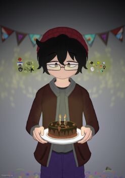 1boy absurdres beanie birthday_cake cake chocolate_cake cowboy_shot david_maier david_maier_(artist) food grey_shirt hat highres ibispaint_(medium) jacket light_smile non-web_source original pants purple_pants red_jacket self-upload shirt short_hair solo