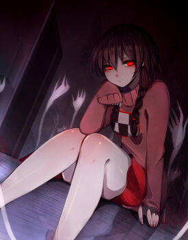 1girl artist_name bare_legs blush braid breasts brown_hair commentary cowlick dark dutch_angle english_commentary expressionless feet_out_of_frame from_below frown glowing glowing_eyes hair_between_eyes hair_over_breasts hair_tie hand_up highres indoors knees_together_feet_apart likesac long_hair long_sleeves looking_at_viewer looking_to_the_side low_twin_braids madotsuki making-of_available miniskirt nail_polish no_pupils open_door pink_sweater red_eyes red_nails red_skirt sidelocks sideways_glance skirt sleeves_past_wrists small_breasts solo sweater thick_eyelashes turtleneck turtleneck_sweater twin_braids underlighting yume_nikki