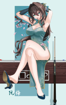 1girl absurdres aqua_dress aqua_eyes aqua_gloves armpits breasts brown_hair china_dress chinese_clothes chinese_commentary cleavage commentary_request crossed_legs dress gloves hair_tie high_heels highres honkai:_star_rail honkai_(series) large_breasts long_hair nosign_(nosign0331) ruan_mei_(honkai:_star_rail) sitting solo thighs tying_hair variant_set very_long_hair