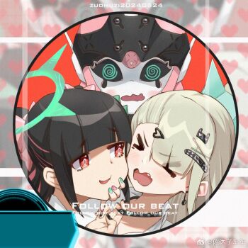 Rule 34 | > <, 3girls, @@@ (eckzahn), angels of delusion, aria (zenless zone zero), bandaid, bandaid hair ornament, black hair, blush, earrings, fang, green hair, green halo, hair ornament, halo, humanoid robot, jewelry, looking at another, multiple girls, multiple hair clips, musical note earrings, nangong yu, portrait, red eyes, robot, robot girl, smile, sunna (zenless zone zero), wavy mouth, zenless zone zero, zuomuzi cheche