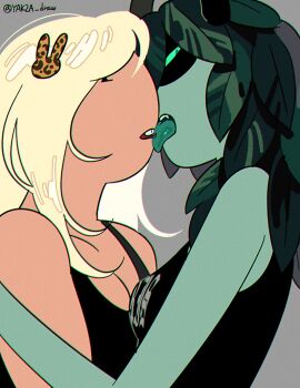 2girls adventure_time adventure_time:_fionna_and_cake blonde_hair colored_skin fionna_campbell green_eyes green_skin huntress_wizard kiss multiple_girls piercing tongue tongue_out tongue_piercing yakza_draw yuri