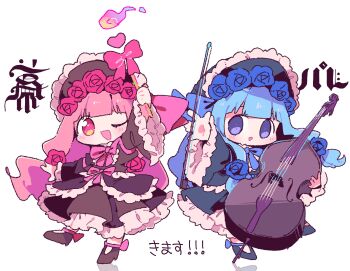 2girls :d ;d black_bonnet black_dress blue_bow blue_bowtie blue_flower blue_hair blue_rose blunt_bangs blush bonnet bow bow_(music) bowtie brown_dress chibi chibi_only commentary_request dress flower frilled_dress frills full_body hair_bow highres holding holding_bow_(music) holding_instrument holding_violin holding_wand instrument kotonoha_akane kotonoha_aoi long_hair long_sleeves looking_at_viewer multiple_girls nekomo_(yumenkmc) one_eye_closed open_mouth pink_bow pink_bowtie pink_flower pink_hair pink_rose purple_eyes red_eyes rose siblings simple_background sisters smile standing standing_on_one_leg translation_request violin voiceroid wand white_background wide_sleeves
