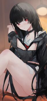 1girl arm_cutout black_choker black_hair black_jacket black_shirt black_skirt blush bright_pupils chisa_(wuthering_waves) choker clothing_cutout commentary hand_up hashtag-only_commentary highres jacket knee_up kuuro_(kuuroart) long_hair long_sleeves looking_at_viewer mole mole_under_eye parted_lips red_eyes sailor_collar shirt sitting skirt solo thighs white_pupils white_sailor_collar wuthering_waves