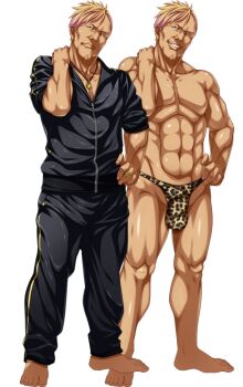 1boy abs animal_print asaoka_masaru barefoot bikini bikini_briefs black_jacket black_pants blonde_hair bulge closed_eyes closed_mouth clothes_on_and_off collared_jacket facial_hair full_body furrowed_brow goatee grin gyaruo hand_on_own_hip hand_on_own_neck jacket jewelry kedamono-tachi_no_sumu_ie_de leopard_print leopard_print_bikini looking_at_viewer male_focus male_underwear muscular muscular_arms muscular_legs muscular_male necklace nose pants pectoral_cleavage pectorals print_bikini serious simple_background smile smirk solo standing swimsuit takeda_hiromitsu tan thighs tongue track_jacket track_pants track_suit underwear variations white_background zipper