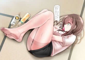 Rule 34 | 1girl, @ @, baby bottle, beer can, bottle, breasts, brown hair, can, drink can, feet, fetal position, fine fabric emphasis, from above, full body, green eyes, highres, indoors, knees up, legs, long hair, lying, naked pantyhose, no shoes, office lady, ol-chan (oouso), on floor, on side, oouso, original, pacifier, pantyhose, pencil skirt, pink shirt, see-through clothes, see-through legwear, shirt, short sleeves, skirt, soles, solo, tatami, thighband pantyhose, toes, torn clothes, torn pantyhose, translated