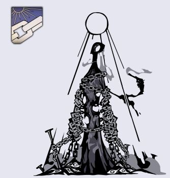 1boy absurdres bullet_hole chain distortion_(project_moon) extra_arms extra_eyes grey_background gun handgun highres limbus_company meursault_(project_moon) nail_(hardware) project_moon revolver simple_background smoke smoking_barrel solo sun teko1193 weapon