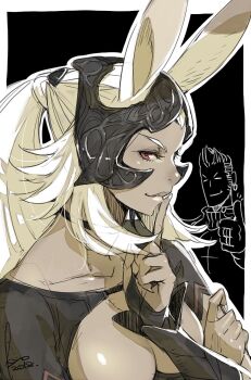 1boy 1girl animal_ears armor balflear black_choker black_gloves choker closed_mouth collarbone dark-skinned_female dark_skin dated earrings closed_eyes final_fantasy final_fantasy_xii final_fantasy_xiv fingernails fran_(ff12) gloves half_gloves highres jewelry kyo_(kuroichigo) long_hair rabbit_ears red_eyes ring signature single_earring smile thumbs_up viera white_hair