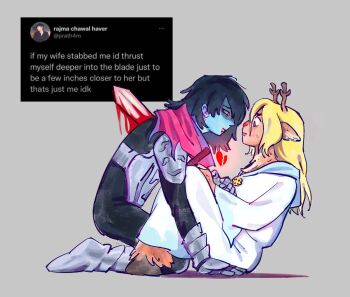 1girl 1other animal_ears antlers armor armored_boots armored_gloves black_eyes blonde_hair blood blood_from_mouth blue_skin boots broken_heart colored_skin commentary deer_antlers deer_ears deer_girl deltarune english_commentary english_text furry furry_female heart highres holding holding_sword holding_weapon hooded_robe horns jugokove kris_(dark_world)_(deltarune) kris_(deltarune) long_hair medium_hair noelle_holiday noelle_holiday_(dark_world) other_with_female pink_scarf red_eyes robe scarf sitting soul_(deltarune) stab sword tweet utdr_(toby_fox) weapon white_robe
