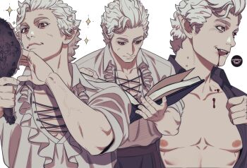 Rule 34 | 1boy, astarion, baldur's gate, baldur's gate 3, bara, black pants, blood, blood from mouth, book, closed mouth, dungeons & dragons, grey hair, hand mirror, holding, holding book, holding mirror, kalium (jojajoja99999), male focus, mirror, multiple views, muscular, muscular male, nipples, open book, pants, pectorals, pointy ears, reading, red eyes, shirt, short hair, sparkle, sparkling aura, tongue, tongue out, vampire, white shirt