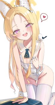 1girl absurdres animal animal_ear_fluff animal_ears animal_on_shoulder bird bird_on_shoulder blonde_hair blue_archive blush breasts detached_collar flower fox_ears fox_girl gluteal_fold green_necktie groin hair_flower hair_ornament halo heart highres kneeling leotard long_hair looking_at_viewer necktie open_mouth purple_eyes seia_(blue_archive) siopon12 small_breasts solo spoken_heart thighhighs very_long_hair white_background white_leotard white_thighhighs wrist_cuffs yellow_halo