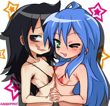>_o 2girls :3 ;3 ahoge areola_slip armpit_hair armpits artist_name bags_under_eyes bikini bikini_top_only black_bikini black_eyes black_hair blue_hair blush breast_press breasts collarbone covered_erect_nipples green_eyes hair_between_eyes hair_over_one_eye holding_hands interlocked_fingers izumi_konata kuroki_tomoko loli long_hair looking_at_viewer lucky_star micro_bikini mole mole_under_eye multiple_girls one_eye_closed open_mouth ramdomrot red_bikini shiny_skin simple_background small_breasts smile star_(symbol) swimsuit symmetrical_docking upper_body watashi_ga_motenai_no_wa_dou_kangaetemo_omaera_ga_warui! wavy_mouth white_background