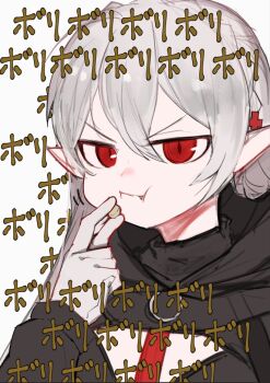 Rule 34 | 1girl, :t, annoyed, ao oni (onioni-aoi), arknights, braid, cleavage cutout, closed mouth, clothing cutout, commentary request, crown braid, eating, fang, food, grey hair, hand up, holding, holding food, jitome, long hair, looking at viewer, pointy ears, pout, red eyes, slit pupils, solo, translation request, upper body, v-shaped eyebrows, vampire, warfarin (arknights), white background