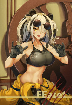 1girl absurdres animal_ears arknights bare_arms bare_shoulders black_gloves black_hair character_name chinese_commentary clothes_around_waist commentary_request crop_top eyes_visible_through_hair facial_scar feater_(arknights) feater_(dojo_star)_(arknights) frost2042 gloves hair_over_one_eye highres jacket jacket_around_waist long_hair midriff multicolored_hair navel official_alternate_costume panda_ears scar scar_on_cheek scar_on_face solo sports_bra stomach streaked_hair twintails white_hair yellow_eyes yellow_jacket yin_yang