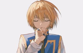 1boy blonde_hair blue_tabard closed_eyes earrings fingernails hand_chains hashtag-only_commentary highres hunter_x_hunter jewelry kissing_own_hand kurapika male_focus sevenlistening shirt short_hair simple_background solo tabard white_background white_shirt