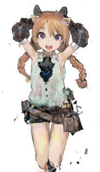 Rule 34 | 1girl, :d, animal ears, armpits, arms behind head, belt, braid, brown hair, cropped legs, female focus, gloves, looking at viewer, open mouth, original, pouch, purple eyes, shorts, sleeveless, smile, solo, teeth, twin braids, uturo, white background