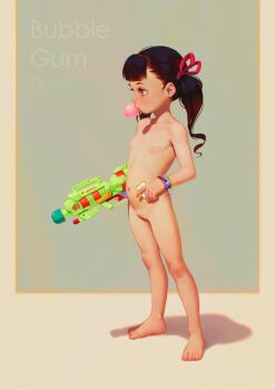 1girl alkemanubis bad_id bad_pixiv_id black_hair blowing_bubble_gum blowing_bubbles blue_eyes blunt_bangs bracelet chewing_gum cleft_of_venus completely_nude earrings english_text eyelashes female_focus finger_on_trigger full_body hair_ribbon highres jewelry legs_apart loli long_hair nipples nude original profile pussy ribbon solo standing stud_earrings twintails uncensored water_gun