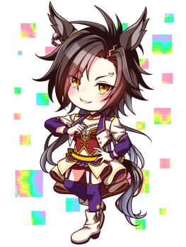 1girl air_shakur_(umamusume) animal_ears black_hair blush bodice boots breasts chibi chibi_only choker collarbone commentary_request corset cropped_jacket ear_chain ear_ornament eyebrow_piercing face_piercing full_body garter_straps grin highres horse_ears horse_girl horse_tail jacket linked_piercing long_hair long_sleeves looking_at_viewer midriff_peek navel overskirt parted_lips pendant_choker piercing purple_choker purple_garter_straps purple_thighhighs red_corset red_shorts shirt shorts small_breasts smile solo starting_future_(umamusume) sugimotty_nova tail teeth thighhighs umamusume white_boots white_jacket white_shirt wristband yellow_eyes