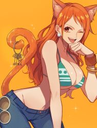 Rule 34 | 1girl, animal ear fluff, animal ears, bangle, bare shoulders, bikini, bikini top only, blue pants, bracelet, breasts, brown eyes, cat ears, cat girl, cat tail, cleavage, cowboy shot, denim, earrings, extra ears, glint, green bikini, hair behind ear, hand up, highres, holding, holding key, jeans, jewelry, key, kurage20001, large breasts, log pose, long hair, looking at viewer, midriff, nami (one piece), navel, one eye closed, one piece, open mouth, orange hair, pants, pearl earrings, solo, sparkle, swimsuit, tail, wavy hair, yellow background