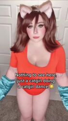 Rule 34 | 1girl, animal ears, animated, bbyriku, blush, bouncing breasts, breasts, brown hair, cat ears, cleavage, cosplay, diane (nanatsu no taizai), diane (nanatsu no taizai) (cosplay), english text, fingerless gloves, gloves, large breasts, leotard, long hair, looking at viewer, nanatsu no taizai, photo (medium), real life, sound, tagme, twintails, video