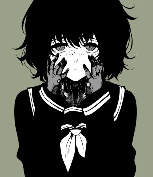 1girl android bow bowtie closed_mouth freckles greyscale_with_colored_background hands_on_own_cheeks hands_on_own_face hands_up highres kato_takuji long_sleeves looking_at_viewer mechanical_hands original ringed_eyes sailor_collar shirt short_hair solo straight-on upper_body