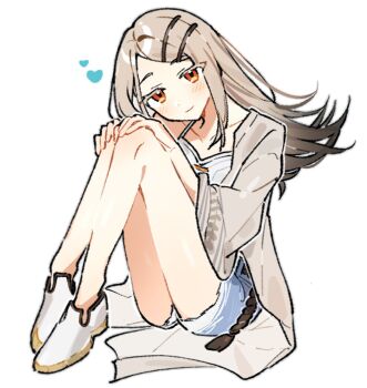 1girl belt black_belt blonde_hair blue_shorts blush camisole closed_mouth collarbone colored_eyelashes denim denim_shorts emne flipped_hair full_body gakuen_idolmaster gradient_hair grey_hair grey_robe hair_ornament hairclip hands_on_own_knees heart highres idolmaster knees_up long_hair looking_at_viewer multicolored_hair open_clothes open_robe orange_eyes parallel_hairclips parted_bangs robe rope_belt shinosawa_hiro shoes short_shorts shorts simple_background sitting smile solo white_background white_camisole white_shoes