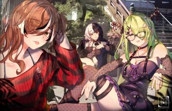 3girls adjusting_hair antlers arm_rest artist_name asymmetrical_bangs belt black_dress black_hair black_jacket black_nails black_streaks blunt_bangs breasts brown_eyes brown_hair camisole cellphone ceres_fauna ceres_fauna_(goth) chest_harness choker cleavage commentary crossed_legs dress emo_fashion fishnet_thighhighs fishnets flower frilled_dress frills glasses goth_fashion green_hair hair_flower hair_ornament hair_over_one_eye hairclip halter_shirt halterneck harness heart heart_o-ring holding holding_phone hololive hololive_english horn_ornament horn_ribbon horns jacket jewelry koromay_ho lace lace-trimmed_choker lace_sleeves lace_trim leather_belt legwear_garter lips long_hair looking_at_phone looking_at_viewer looking_over_eyewear medium_hair multicolored_hair multiple_belts multiple_girls nanashi_mumei nanashi_mumei_(emo) necklace o-ring o-ring_belt o-ring_choker off_shoulder one_eye_covered one_side_up open_clothes open_jacket outdoors park parted_lips phone rectangular_eyewear ribbed_sweater ribbon shiori_novella shiori_novella_(1st_costume) short_dress sitting sleeveless sleeveless_dress smartphone spaghetti_strap split-color_hair stairs striped_clothes striped_sweater sweater thighhighs torn_clothes torn_sweater tree tree_horns virtual_youtuber watermark white_hair white_streaks yellow_eyes