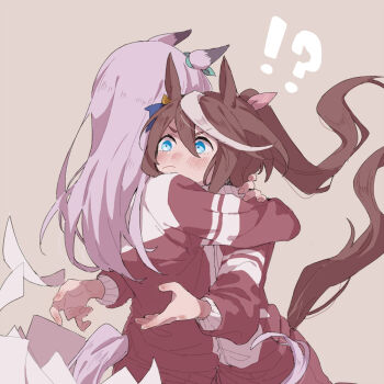 Rule 34 | !?, 2girls, animal ears, beige background, blue eyes, blush, bow, brown hair, commentary request, gym uniform, hair bow, horse ears, horse girl, horse tail, hug, long hair, mejiro mcqueen (umamusume), multicolored hair, multiple girls, paper, pink hair, ponytail, ree (re-19), simple background, streaked hair, tail, tokai teio (umamusume), track suit, umamusume, yuri