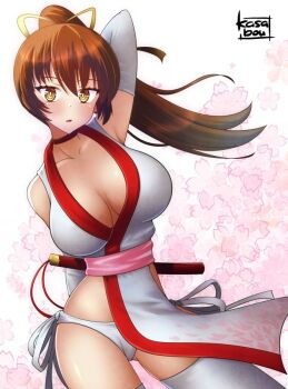 1girl :o bare_shoulders blush breasts brown_eyes brown_hair cleavage dead_or_alive kasabou kasumi_(doa) long_hair looking_at_viewer ninja panties pelvic_curtain ponytail sleeveless underwear