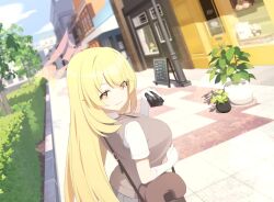 1girl animated bag blonde_hair blue_archive blurry blurry_background bouncing_breasts breasts brown_sweater_vest bush collared_shirt controller crossover detached_sleeves gradient_halo grey_skirt halo handbag holding holding_remote_control lamppost large_breasts lens_flare long_hair looking_at_viewer looking_back multicolored_halo official_art outdoors plant pleated_skirt potted_plant remote_control road school_emblem school_uniform shirt shokuhou_misaki skirt solo sparkling_eyes spider_web_print star-shaped_pupils star_(symbol) storefront street sweater_vest symbol-shaped_pupils tagme toaru_kagaku_no_railgun toaru_majutsu_no_index tokiwadai_school_uniform very_long_hair video white_shirt yellow_eyes yellow_halo yellow_pupils