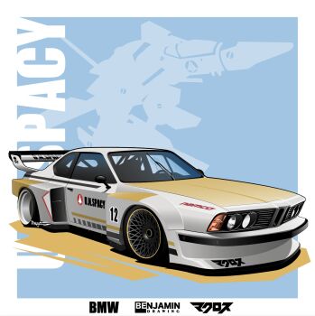 artist_name benjamin_(user_scjv3278) bmw bmw_3_series bmw_e21 car choujikuu_yousai_macross highres logo macross mecha motor_vehicle namco race_vehicle racecar robot shadow skull_and_crossbones spoiler_(automobile) sponsor u.n._spacy variable_fighter vehicalization vehicle_focus vf-1
