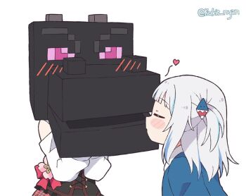 2girls blue_hair blush chibi closed_eyes dragon ender_dragon gawr_gura gawr_gura_(1st_costume) hololive hololive_english kiss kukie-nyan minecraft multicolored_hair multiple_girls sakura_miko sakura_miko_(casual) silver_hair streaked_hair virtual_youtuber