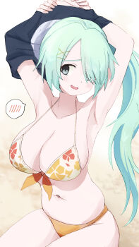 1girl :d armpits arms_up awayuki_tobari bare_shoulders bikini blue_archive blush bow bow_bikini breasts cleavage collarbone commentary_request cowboy_shot floral_print floral_print_bikini green_hair grey_eyes hair_over_one_eye halterneck highres hiyori_(blue_archive) hiyori_(swimsuit)_(blue_archive) large_breasts long_bangs long_hair multicolored_bikini navel official_alternate_costume official_alternate_hairstyle open_mouth orange_bikini orange_bow print_bikini sitting skindentation smile solo speech_bubble spoken_blush stomach swimsuit two-tone_bikini undressing very_long_hair white_bikini