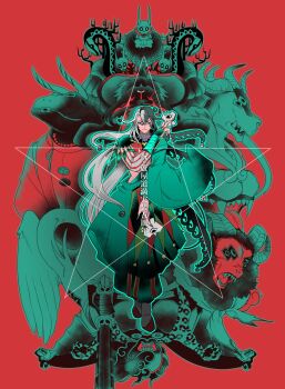 Rule 34 | 1boy, ashiya douman (fate), black hair, commentary request, earrings, fate/grand order, fate (series), heian, highres, horns, japanese clothes, jewelry, kanisan666, long hair, magatama, magatama earrings, monster, multicolored hair, ofuda, onmyouji, red background, shikigami, white hair