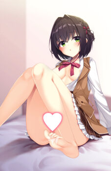 1girl after_footjob areola_slip aria_(koiiroharemoyou) arm_at_side bare_legs black_hair blush bow bowtie braid breasts breasts_apart breasts_out brown_skirt brown_vest censored collared_shirt commentary_request cum cum_on_body cum_on_feet eyes_visible_through_hair feet foot_out_of_frame frilled_skirt frills green_eyes hair_between_eyes hair_bow hair_intakes heart heart_censor highres indoors legs limelight_lemonade_jam looking_at_viewer medium_breasts medium_hair miniskirt mole mole_under_eye nabari_anju on_bed one_side_up open_clothes open_mouth open_shirt open_vest paid_reward_available plaid_bow plaid_bowtie plaid_clothes plaid_skirt red_bow red_bowtie school_uniform shirt side_braid sitting skirt soles solo sweat thighs toenails toes vest white_shirt