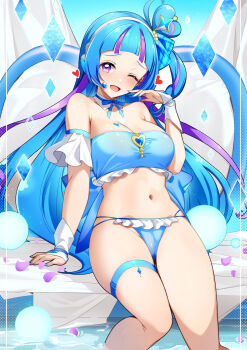 1girl absurdres bikini blue_bikini blue_hair blush breasts cure_wink detached_collar hair_bun hairband heart heart_hair_bun highres kimi_to_idol_precure kirakira_showtime_mic large_breasts long_hair looking_at_viewer magical_girl one_eye_closed pool poolside precure purple_eyes rumo sitting smile solo swimsuit water
