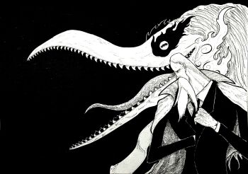 1boy beard black_background black_necktie black_suit coat coat_on_shoulders collared_shirt dual_persona facial_hair formal_clothes highres itsumade_(youkai) long_beard long_hair long_mustache male_focus marcus_mars monochrome monster mustache necktie one_piece open_mouth profile sharp_teeth shirt suit teeth tongue upper_body white_coat white_hair white_shirt yoroxon