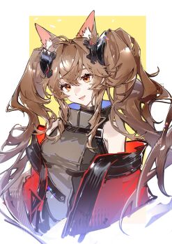 1girl :d angelina_(arknights) animal_ear_fluff animal_ears arknights arknights:_endfield bare_shoulders breasts brown_hair chinese_commentary coat colored_inner_hair commentary_request cropped_torso diamond-shaped_pupils diamond_(shape) dot_nose dress fox_ears fox_girl gilberta_(arknights) grey_dress hair_between_eyes hair_intakes headpiece high_collar highres impossible_clothes impossible_dress long_hair long_sleeves looking_at_viewer luan_teng medium_breasts multicolored_hair off_shoulder open_clothes open_coat open_mouth orange_eyes red_coat sleeveless sleeveless_dress smile solo symbol-shaped_pupils twintails two-tone_background upper_body white_background yellow_background