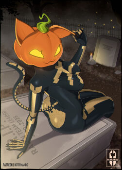 1girl :3 absurdres animal_ears arm_support artist_name black_bodysuit bodysuit breasts cat_tail commentary darkiisfernando fog fortnite from_side glowing glowing_eyes graveyard hand_on_own_ear highres impossible_bodysuit impossible_clothes jack-o&#039;-lantern_head large_breasts looking_at_viewer making-of_available night outdoors pumpkin_head sitting skeleton_print solo spice_(fortnite) tail tombstone