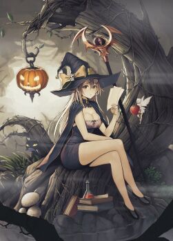 2girls animal apple bare_tree black-framed_eyewear black_cat black_dress black_footwear black_headwear book book_stack bow breasts brown-tinted_eyewear brown_bow brown_eyes brown_hair cat cleavage commentary_request crossed_legs dress erlenmeyer_flask eyewear_on_head fairy fish flask food fruit hair_between_eyes halloween hand_up hat hat_bow highres holding holding_food holding_fruit jack-o'-lantern jchoy long_hair looking_at_viewer medium_breasts mini_person minigirl mouth_hold multiple_girls mushroom original parted_lips potion apple shoes sitting skull staff tinted_eyewear tree very_long_hair witch witch_hat