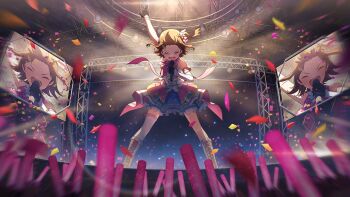 1girl arm_up black_gloves blue_skirt boots brown_hair closed_eyes commentary_request concert confetti elbow_gloves game_cg gloves glowstick holding holding_microphone idol idolmaster idolmaster_million_live! idolmaster_million_live!_theater_days kasuga_mirai knee_boots lace-up_boots leaning_forward microphone official_alternate_costume official_art one_side_up open_mouth screen_zoom short_hair single_thighhigh skirt solo_focus stage standing thighhighs third-party_source white_boots