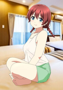 1girl absurdres aqua_eyes bare_arms bare_legs barefoot bed blush braid breasts brown_hair camisole ceiling closed_mouth commentary curtains emma_verde freckles green_shorts highres indian_style indoors long_hair looking_at_viewer love_live! love_live!_nijigasaki_high_school_idol_club low_twin_braids medium_breasts nipples on_bed photo_background rainen_no_natsu_mo see-through_camisole see-through_clothes shorts sidelocks sitting smile soles solo toes twin_braids white_camisole window