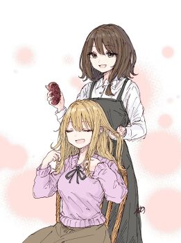 Rule 34 | 2girls, alternate costume, black dress, blonde hair, bow, brown eyes, brown skirt, buttons, chair, closed eyes, collared shirt, commentary, cowboy shot, dress, hair bow, hair brush, hands in another's hair, highres, holding, holding hair brush, kashiwada kiiho, long hair, long sleeves, maribel hearn, medium hair, multiple girls, neck ribbon, no headwear, open mouth, purple shirt, red ribbon, ribbon, shirt, signature, sitting, skirt, standing, untranslatable commentary, touhou, usami renko, white bow, white shirt