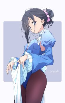 1girl black_hair blue_eyes blue_leotard breasts brown_pantyhose dated fake_tail grey_background hair_ornament hair_scrunchie highres leotard long_sleeves looking_at_viewer monai-chan_(nii_manabu) nii_manabu original pantyhose pink_scrunchie puffy_long_sleeves puffy_sleeves rabbit_tail scrunchie signature small_breasts solo tail two-tone_background