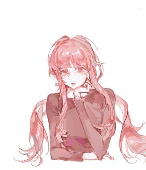 1girl arm_on_table blunt_bangs breasts brown_shirt chinese_commentary commentary_request cropped_torso elbow_on_table hand_on_own_chin happy highres invisible_table lipstick lofter_9294325911 long_hair long_sidelocks long_sleeves low_twintails makeup nikki_(nikki) nikki_(series) parted_bangs parted_lips pink_eyes pink_hair pink_lips shirt sidelocks simple_background smile solo tareme twintails very_long_hair wavy_hair white_background