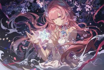 1girl bare_shoulders breasts closed_mouth commentary crystal cyrene_(honkai:_star_rail) dress earrings flower hair_flower hair_ornament hands_up highres honkai:_star_rail honkai_(series) jewelry long_hair medium_breasts pink_hair pointy_ears purple_eyes purple_flower purple_rose rose smile solo upper_body very_long_hair white_dress zerotabi1210