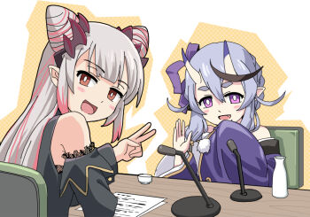 2girls bare_shoulders black_sleeves black_streaks black_vest blush_stickers brown_eyes commentary_request cone_hair_bun demon_horns desk detached_collar detached_sleeves double_bun fang gradient_hair grey_hair hair_bun hair_ribbon hair_tubes haniwa_(leaf_garden) headgear horns japanese_clothes kimono long_sidelocks long_sleeves looking_at_viewer microphone mole mole_under_mouth multi-source_commentary multicolored_hair multiple_girls nanashi_inc. nijisanji oni open_hand open_mouth pink_hair pink_streaks podcast pointy_ears purple_hair purple_horns purple_kimono purple_ribbon red_horns ribbon rindou_mikoto rindou_mikoto_(1st_costume) short_hair_with_long_locks side_up_bun sidelocks simple_background skin-covered_horns sleeves_past_fingers sleeves_past_wrists streaked_hair suou_patra suou_patra_(1st_costume) sweat thick_eyebrows tokkuri upper_body very_sweaty vest virtual_youtuber waving white_background wide_sleeves